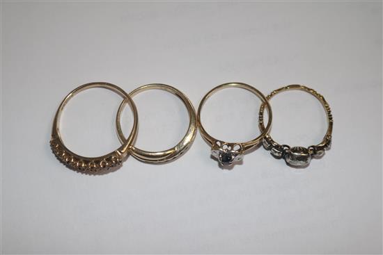 A 19th century gold, silver and rose cut diamond ring and three 9ct rings.